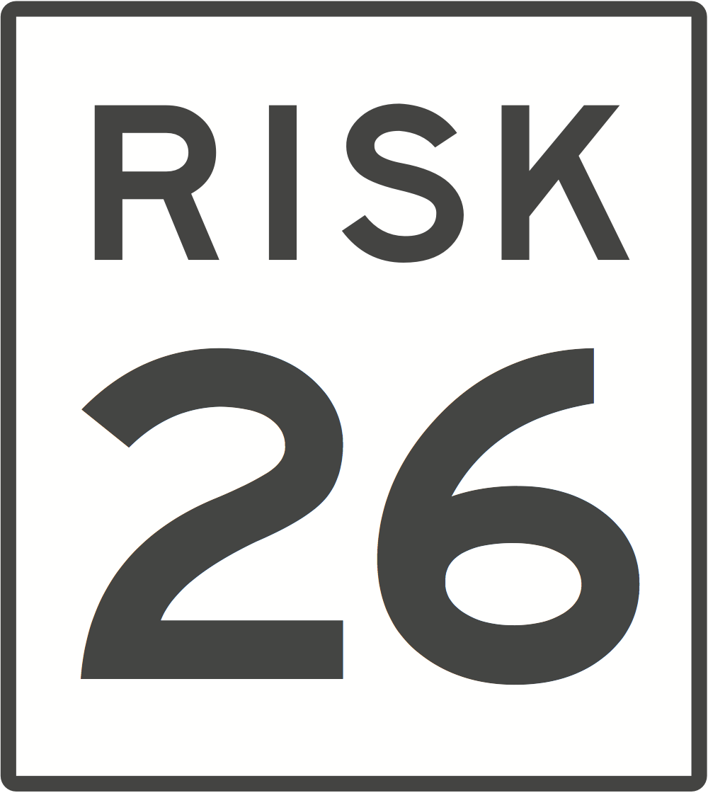 A black and white road sign indicating a risk of 26.