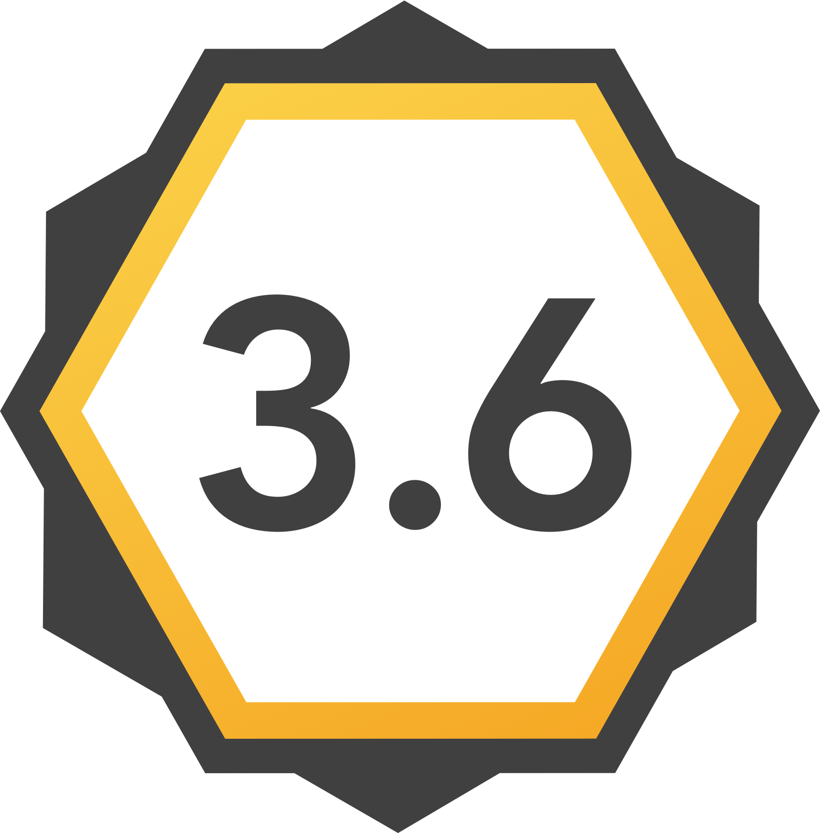 A white hexagon with a yellow border and black outline containing the number "3.6" in black.