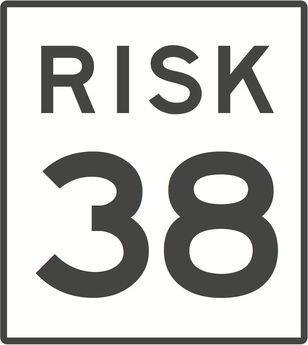 A black and white road sign indicating risk level 38.
