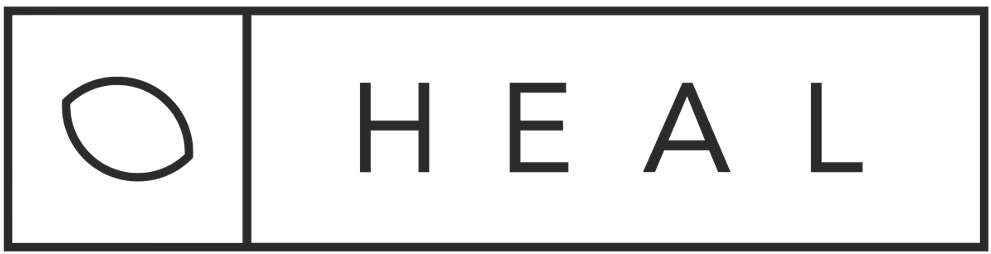 Logo with a stylized leaf icon and the word 'HEAL' in black letters.