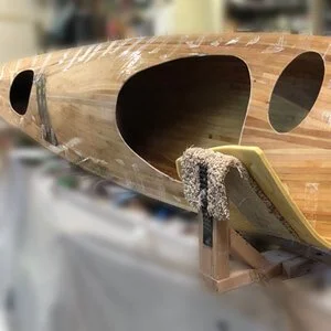 kayak deck taped to hull glassing internal seam