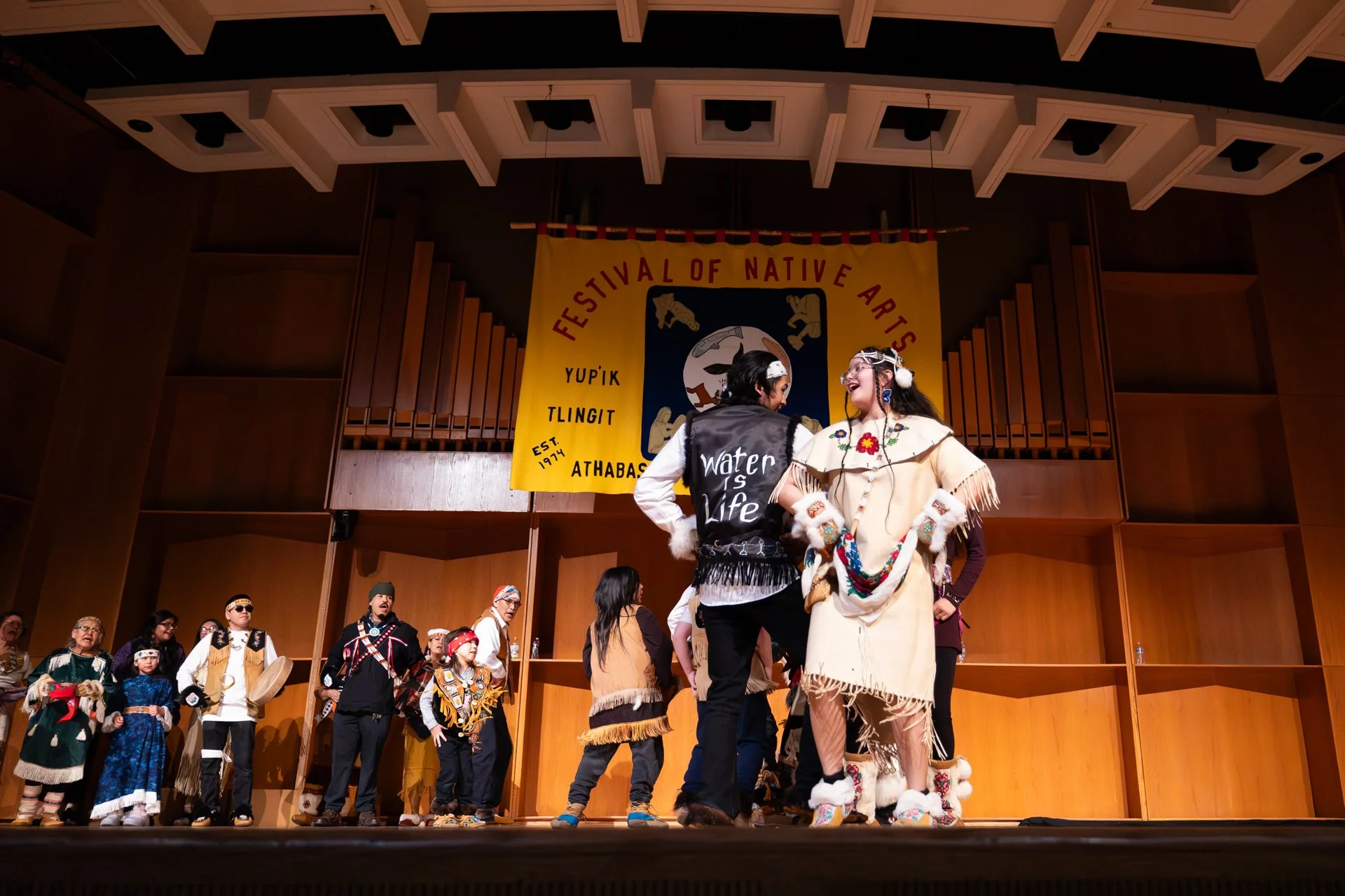 Photo by Elvie Underwood - The Dene Eslaanh' dance group performs on Feb. 27, 2026.