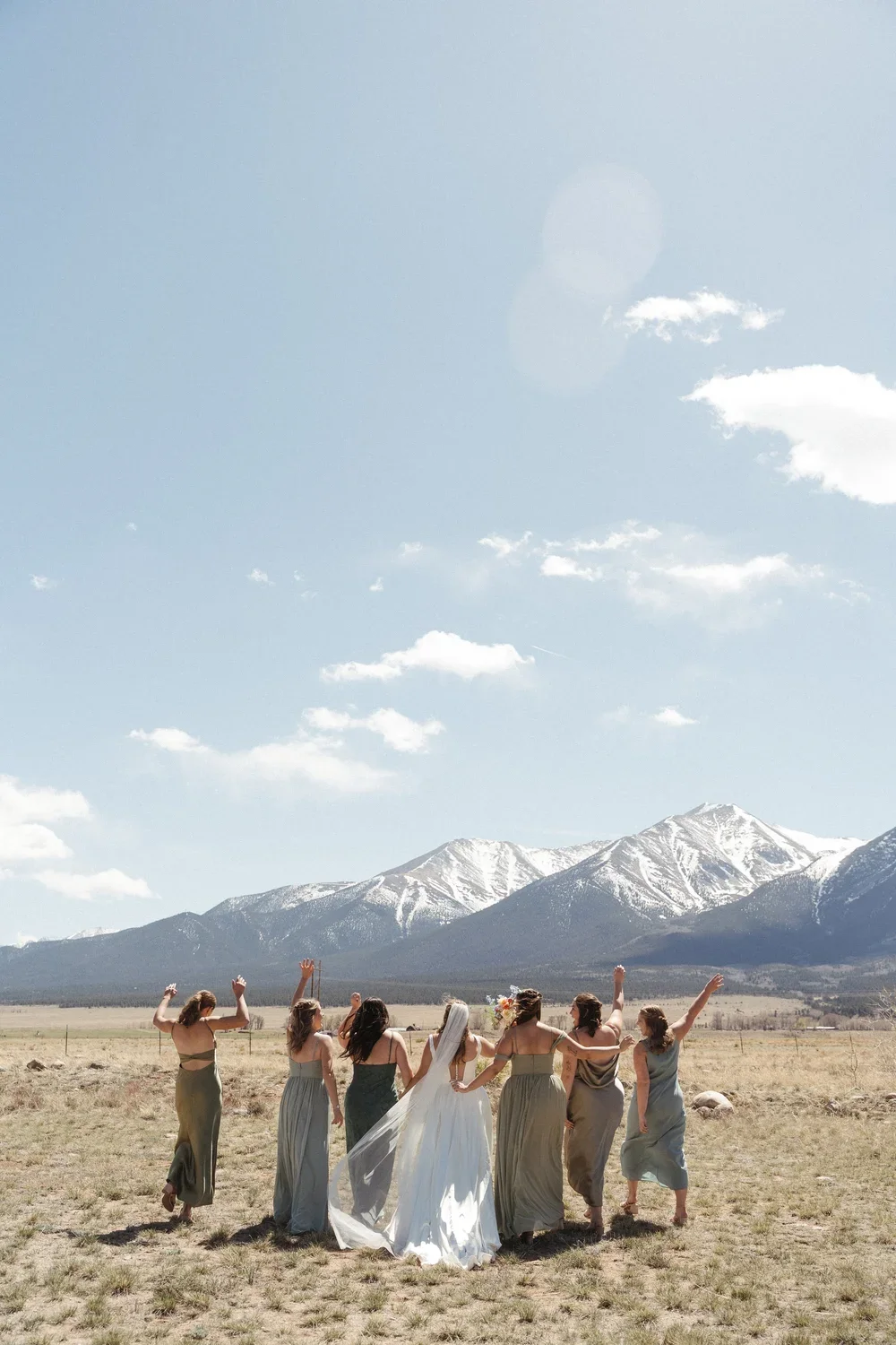 A bride and six bridesmaids walking hand in hand in an open field with snow-capped mountains in the background on a sunny day.