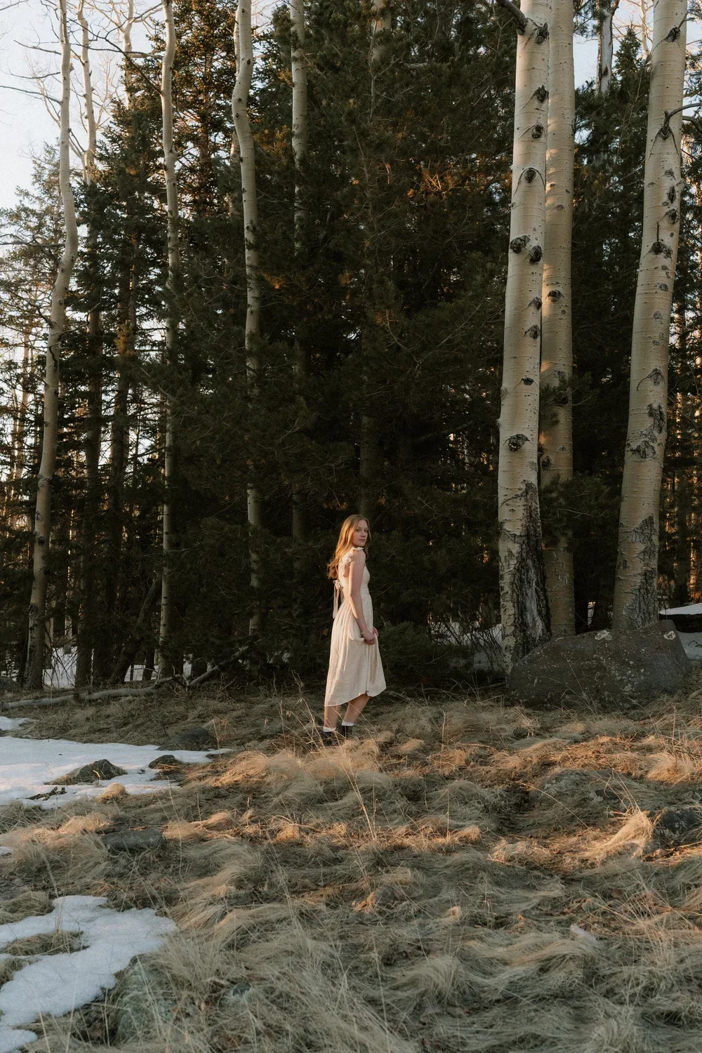 A woman in a light-colored dress standing on a rocky and grassy forest floor with snow patches, surrounded by tall trees, during sunset.