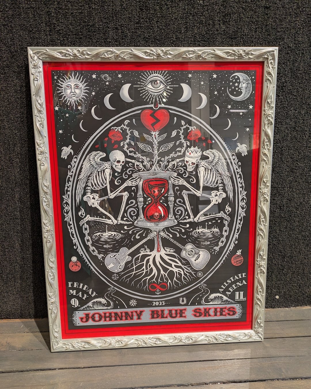 This Johnny Blue Skies poster came in for a Poster Special and walked out a rock star. And that frame choice? Chef&rsquo;s kiss. 🤌 #customframing #customframes #chicagoframeshop #concertposters #posterframing #posterframingspecial #rockon #framewhat