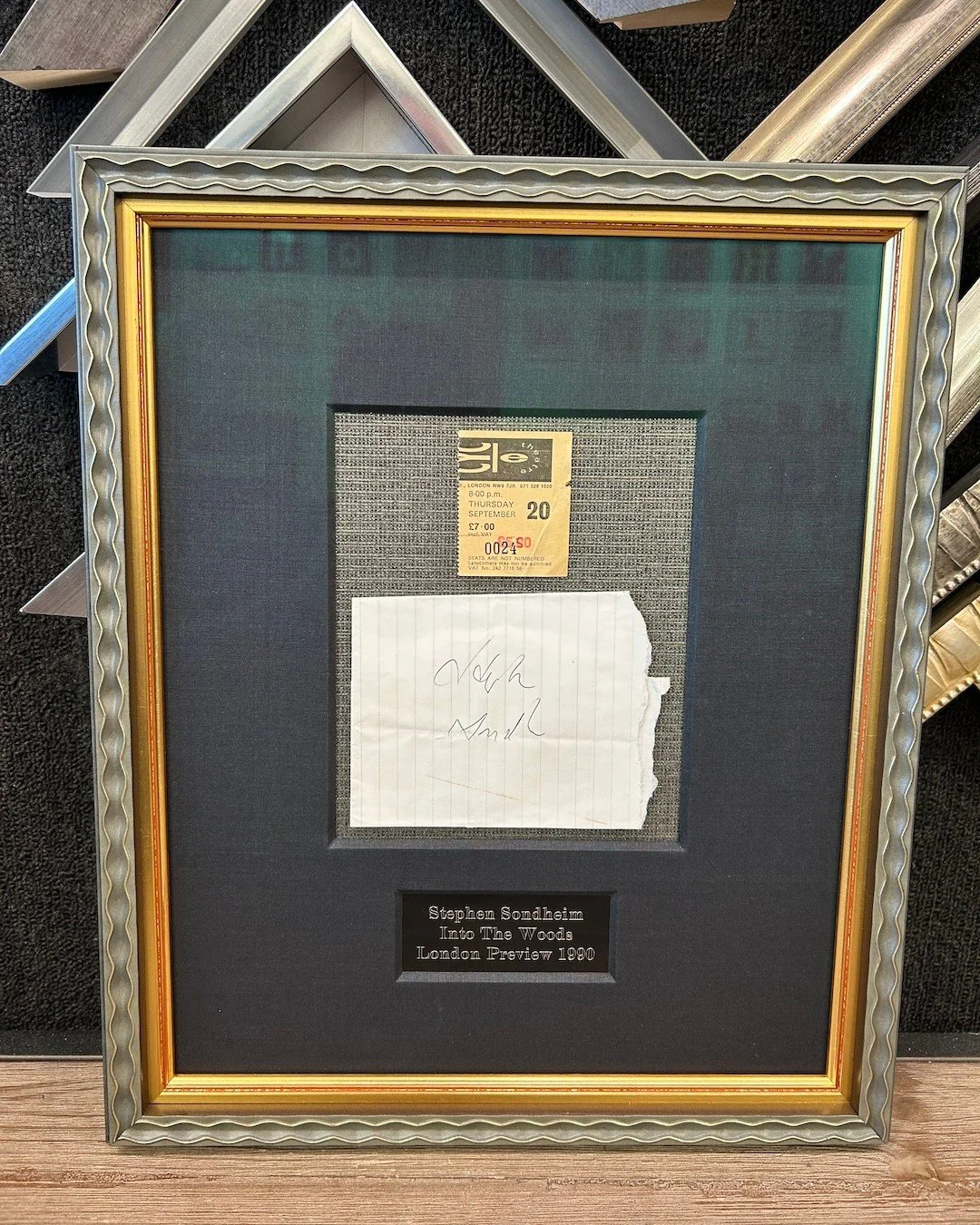 A fantastic customer saw Into the Woods at a 1990 London preview and left with a ticket stub, a torn page&hellip; and Stephen Sondheim&rsquo;s autograph. Decades later, we helped turn that memory into a forever piece, framed with a little golden dram