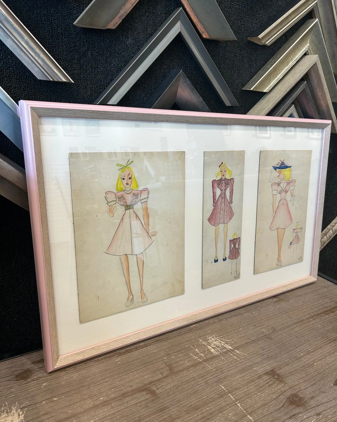 Our customer discovered these early-1900s fashion sketches by her grandmother &mdash; now beautifully framed in pastels and wood to honor their (and her) timeless style. 💕 #customframing #customframers #chicagoframeshop #vintagesketches #fashionillu