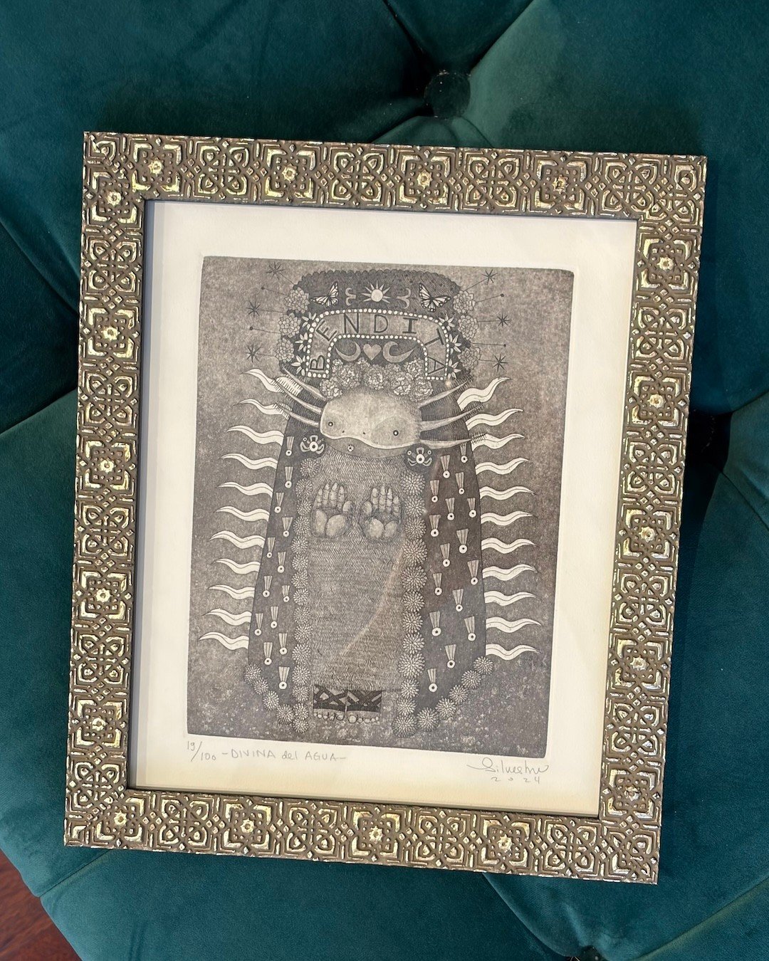 When the frame feels like it was made for the piece. This axolotl print by @jainitesilvestre is perfectly paired with our new Alhambra frame&mdash;tone, texture, pattern&hellip;all in sync. #customframing #chicagoframeshop #jainitesilvestre #axolotl 