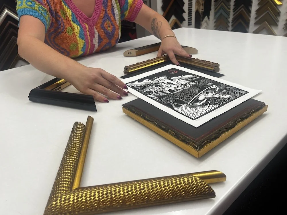 Framed linocut print with Rosa.