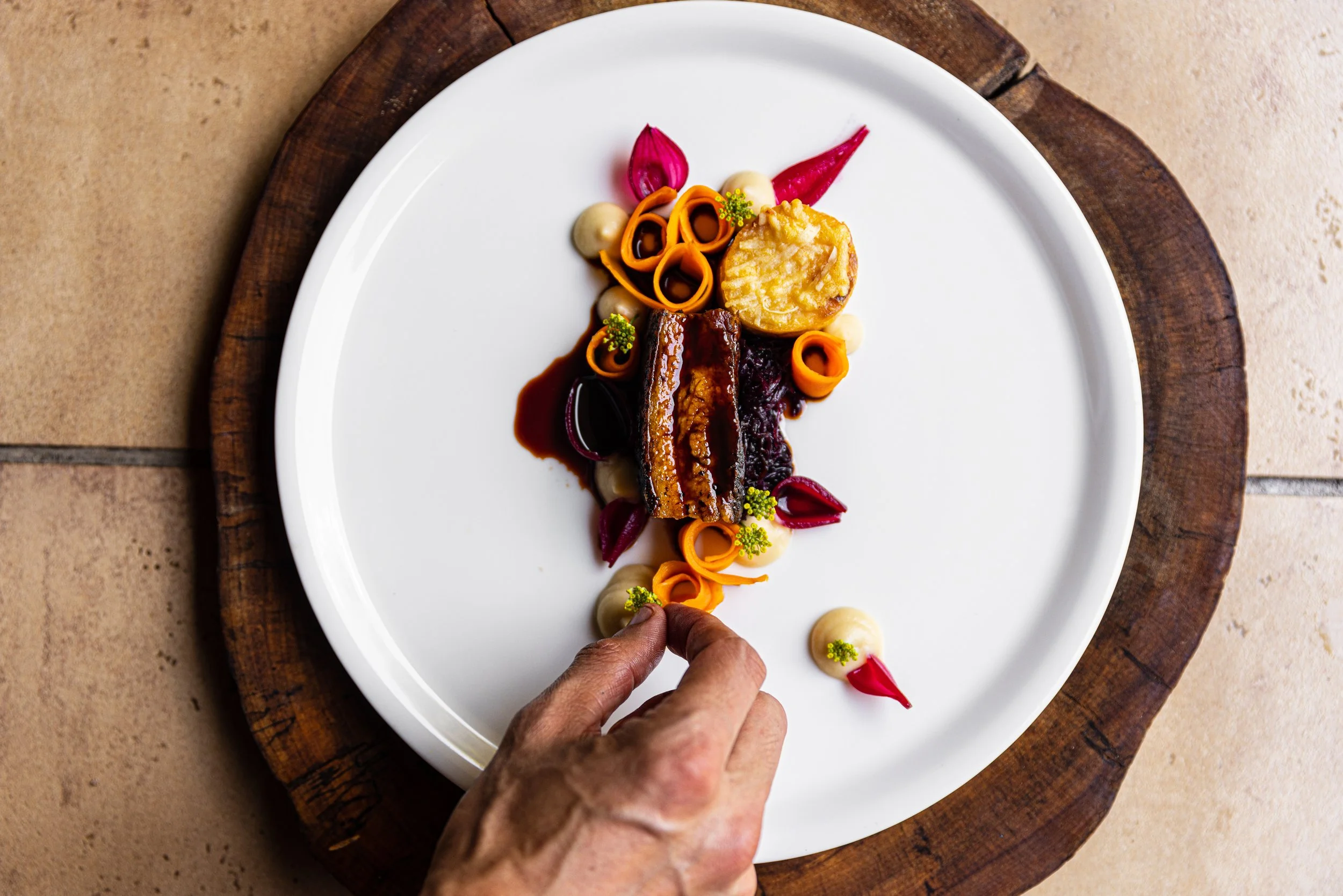 Gourmet dish with meat, sauce, vegetables, and hand garnishing on a white plate.