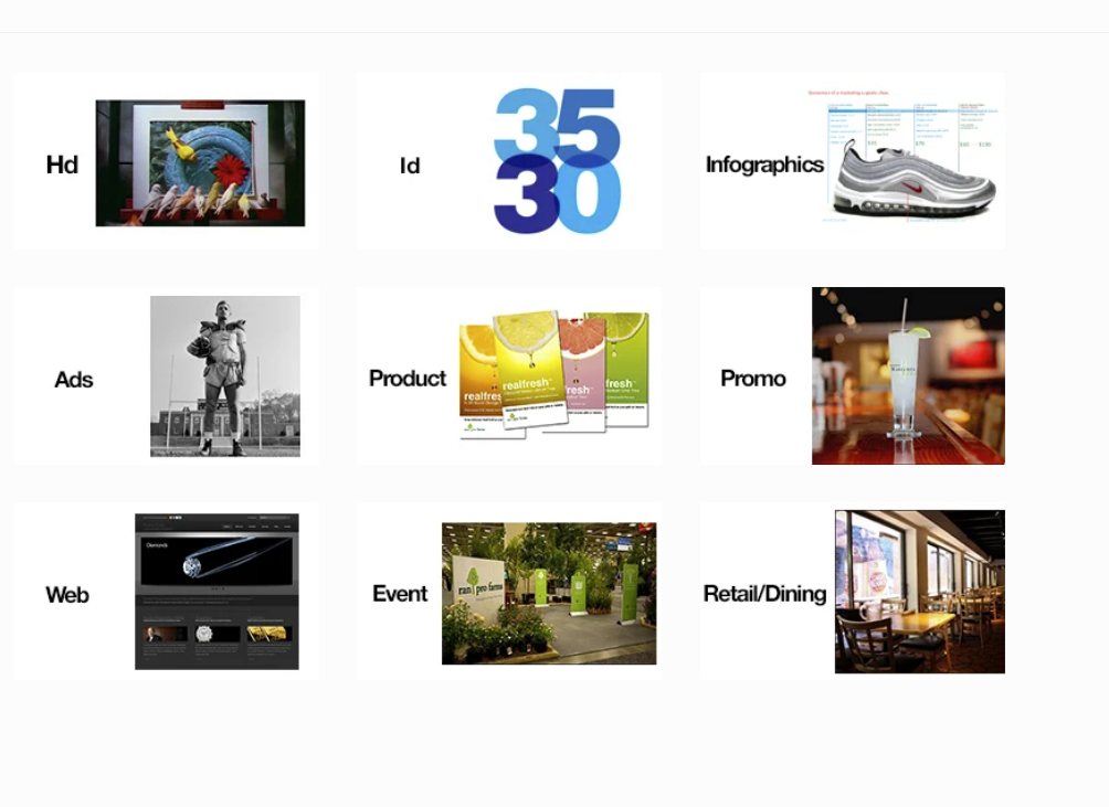 Grid of labeled marketing design examples including HD artwork, ID typography, infographics, advertisements, product packaging, promotional drink photography, website design, event display, and retail dining interior.