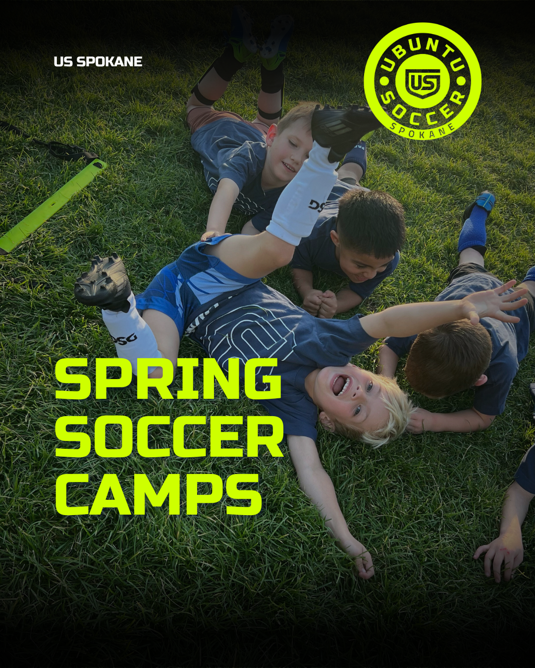 Kids lying and playing on a grassy field during a spring soccer camp, with a digital overlay of text and logos for US Soccer Spokane and Easter Bunny Soccer Spokane.
