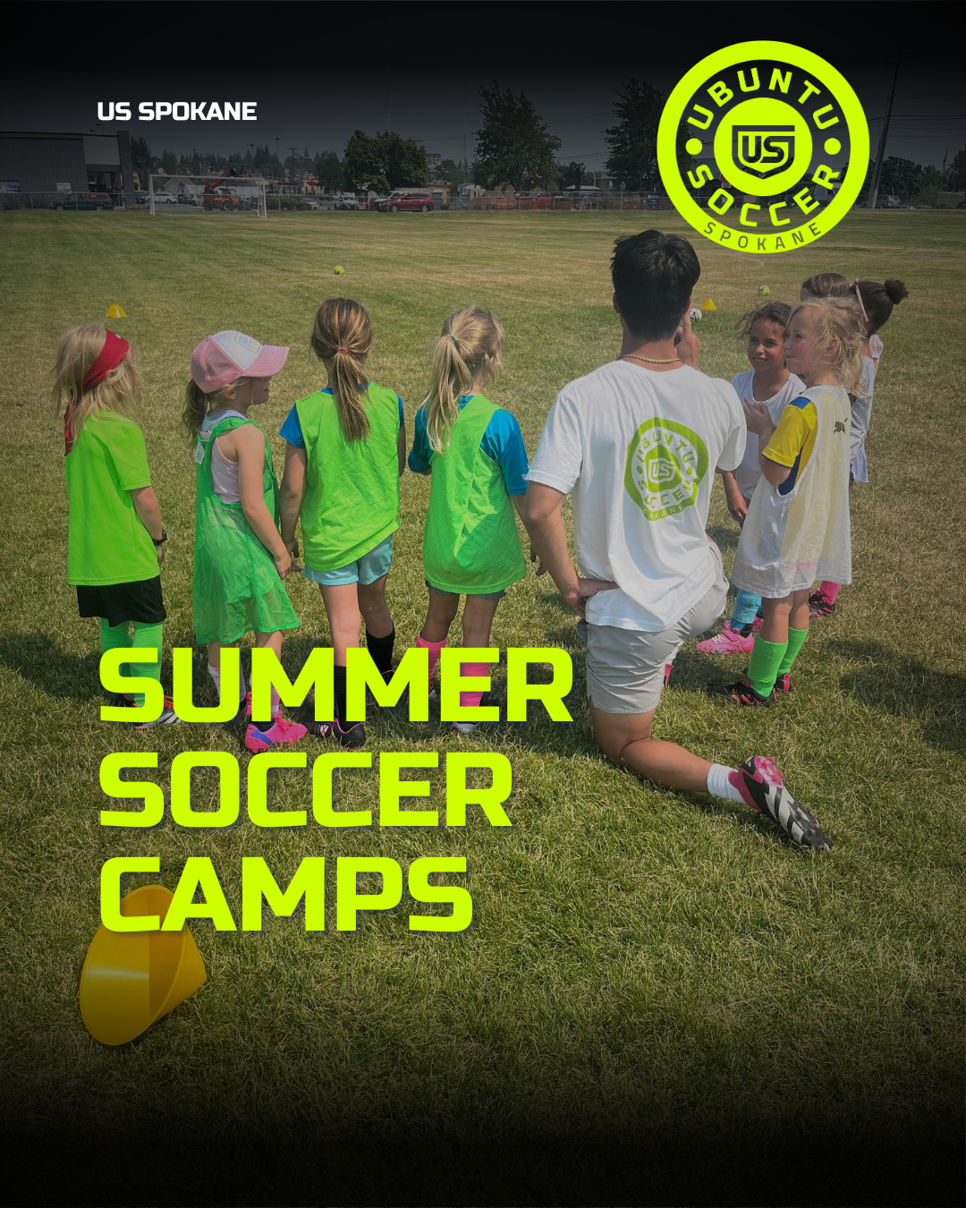 Children in neon green and yellow soccer uniforms listening to coach on a grassy field during summer soccer camp with 'SUMMER SOCCER CAMPS' text overlay.