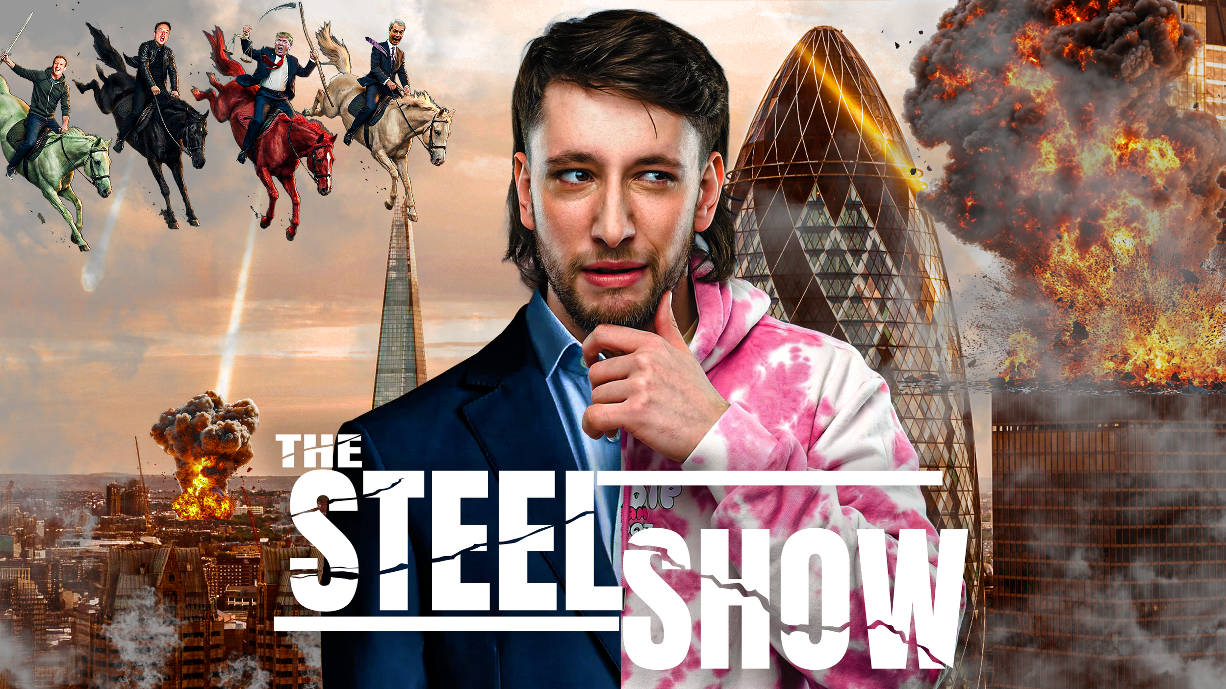 A young man with dark hair and beard, wearing a pink tie-dye hoodie over a blue shirt, stands in front of a chaotic cityscape with explosions and fire. Behind him, a montage shows people riding horses through the sky, approaching a burning skyscraper, with smoke and fire in the background.