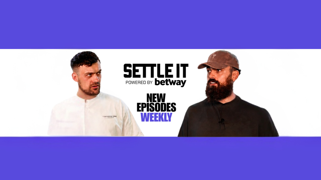 Image promoting a podcast called 'Settle It' powered by Betway, featuring two men looking at each other with the text 'New Episodes Weekly' in the center.