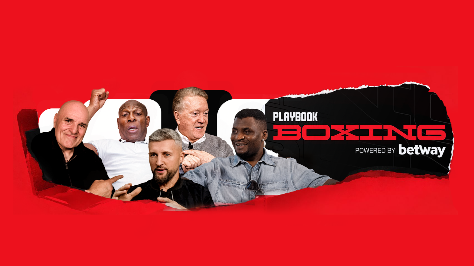 Promotional graphic featuring five men in discussion or debate, with text indicating 'Playbook Boxing powered by Betway' on a torn paper design with a red background.