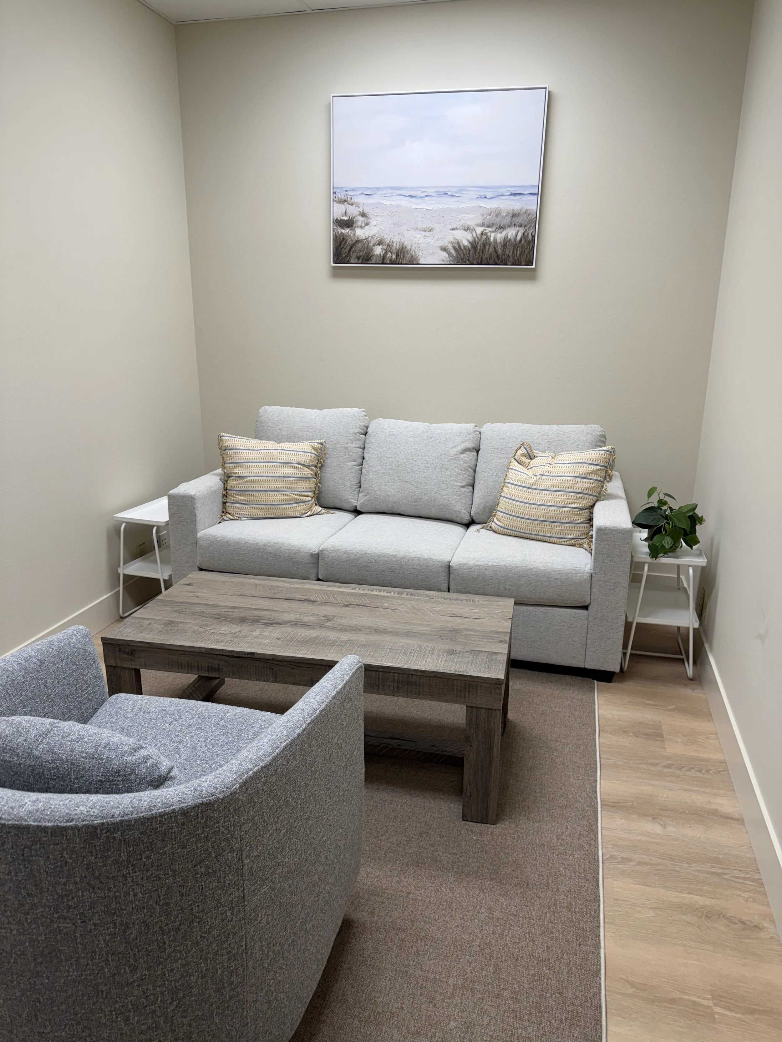 Small living room with light gray couch, two patterned pillows, a wooden coffee table, a gray armchair, two white side tables, a potted plant, and a seaside photograph on the wall.