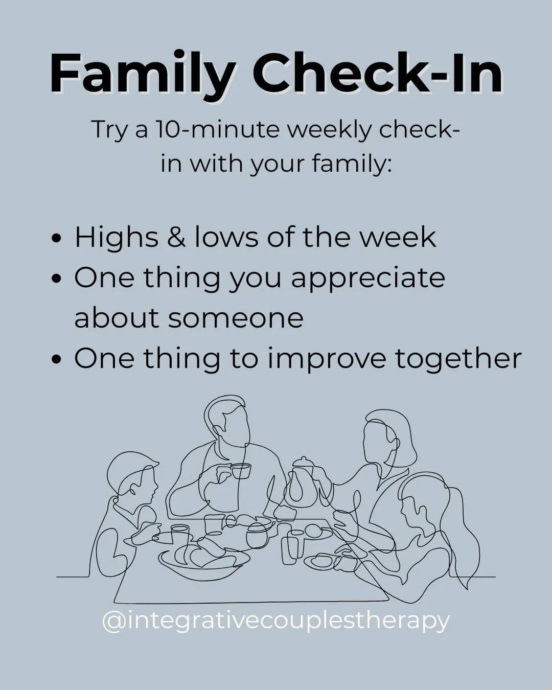 Strong families aren&rsquo;t built on perfection... they&rsquo;re built on connection. 👨&zwj;👩&zwj;👧&zwj;👦

As we head into another week, try a 10-minute weekly check-in with your family:
1️⃣ Share highs &amp; lows from last week
2️⃣ Say one thin