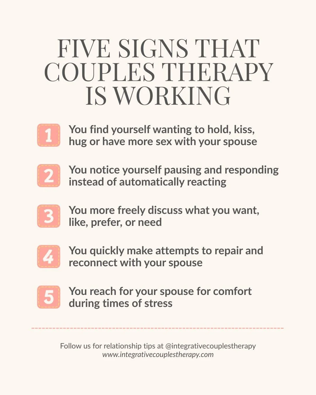 Progress in couples therapy often happens slowly, quietly, and in ways that are easy to miss if you are looking for something dramatic. 

You will know that couples therapy is working when you notice the gradual softening that happens when you start 