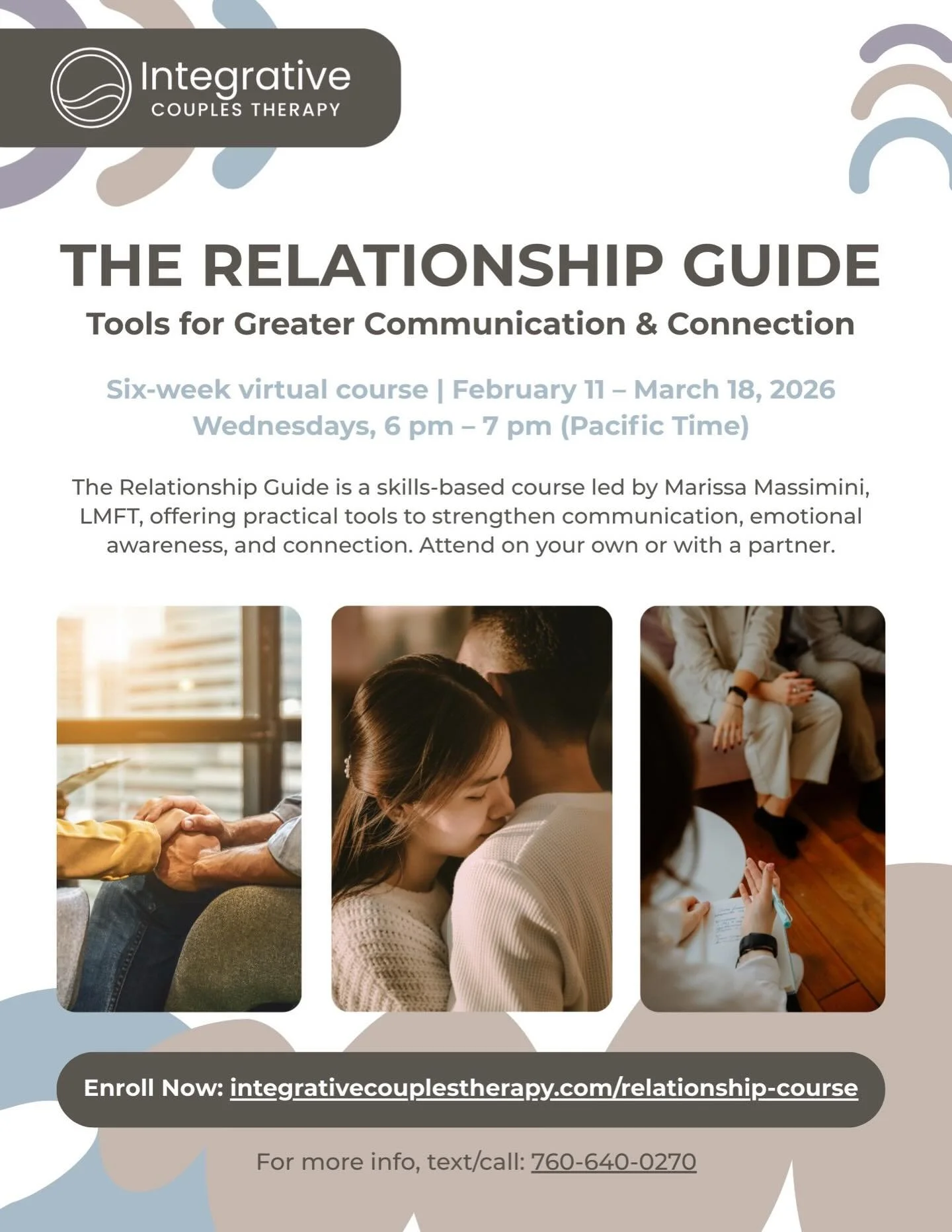 I am so excited to share that Marissa Massimini, LMFT @yourtherapistmarissa is offering a 6 week virtual relationship course, starting February 11, 2026. This is a great way to strengthen your love relationship or marriage in a relaxed and connected 