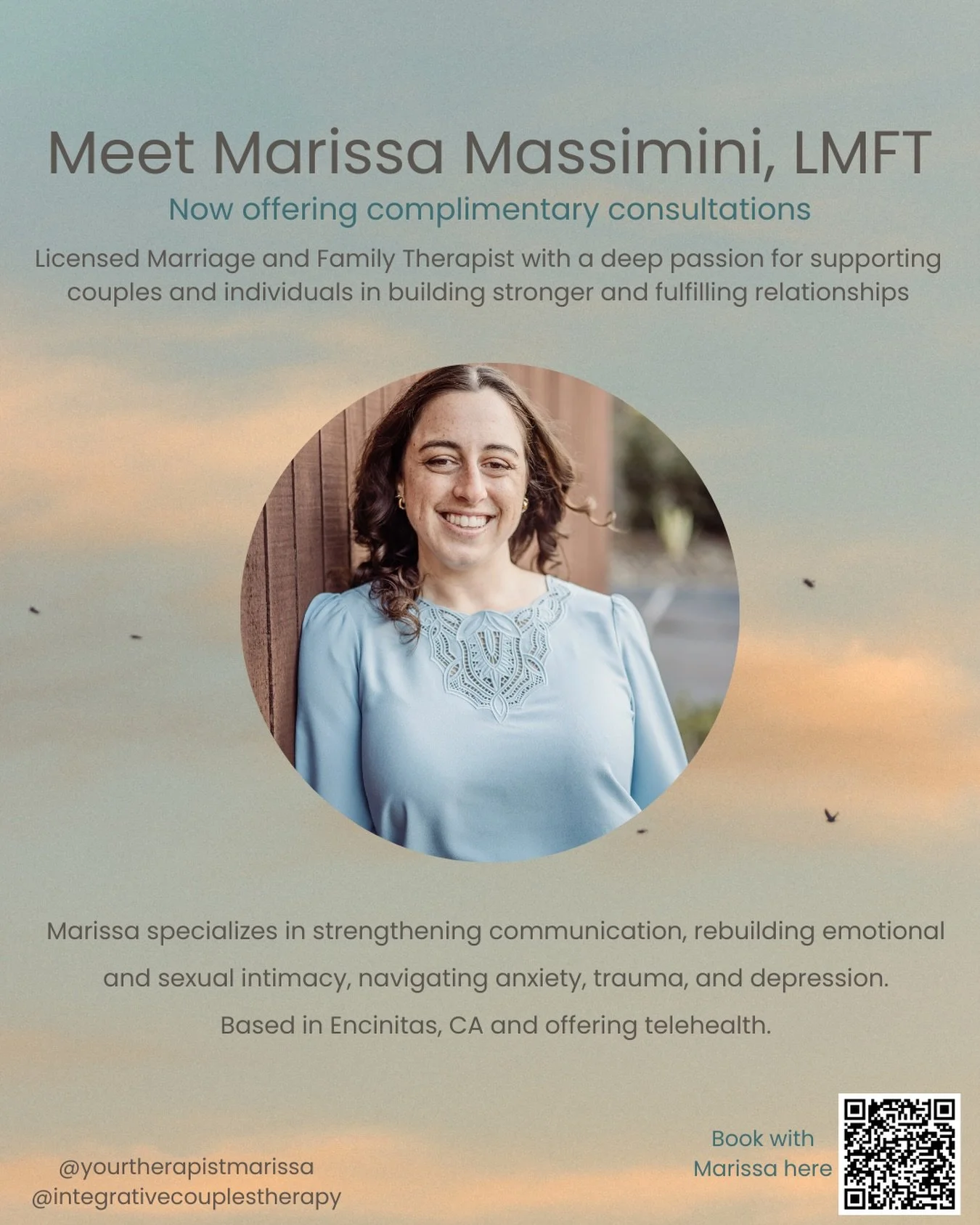 Meet Marissa Massimini, LMFT!

Marissa Massimini is a Licensed Marriage and Family Therapist who works with couples and individuals seeking more connection, clarity, and steadiness in their lives and relationships. Much of her work is with profession