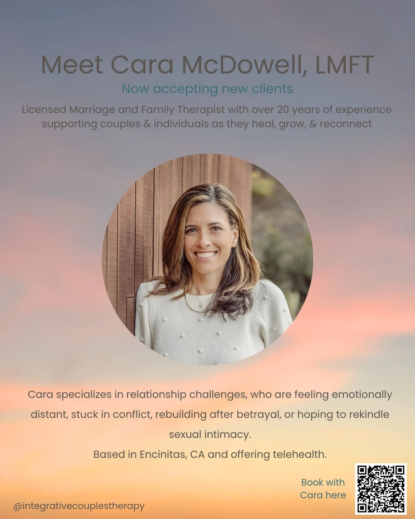 Meet Cara McDowell, LMFT!

With over 20 years of experience, Cara supports couples and individuals as they heal, grow, and reconnect. She specializes in relationship challenges, including emotional distance, recurring conflict, rebuilding after betra