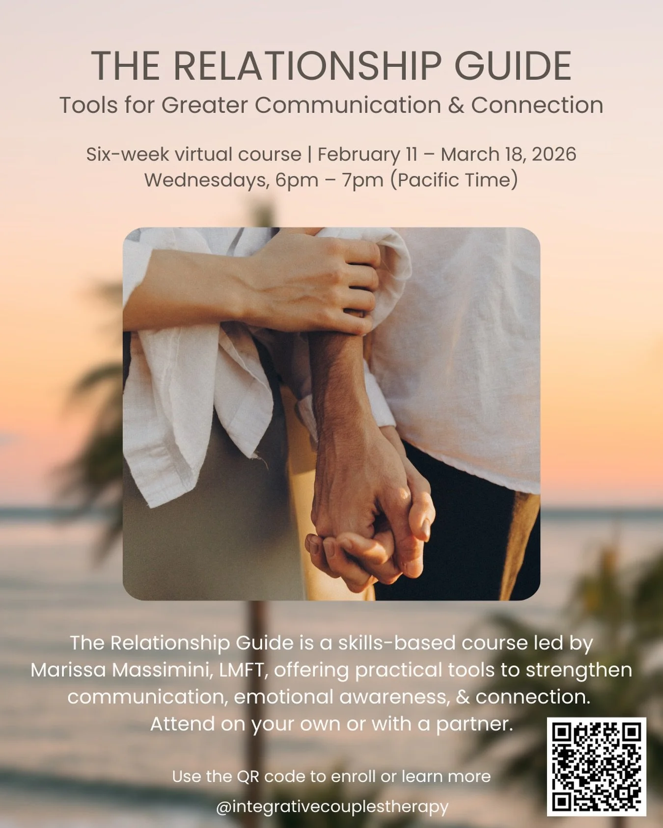 Transform your relationships with The Relationship Guide, a six-week virtual course led by Marissa Massimini, LMFT. Discover practical communication strategies for clearer, more meaningful connections. Ready to begin? Scan the QR code to learn more &