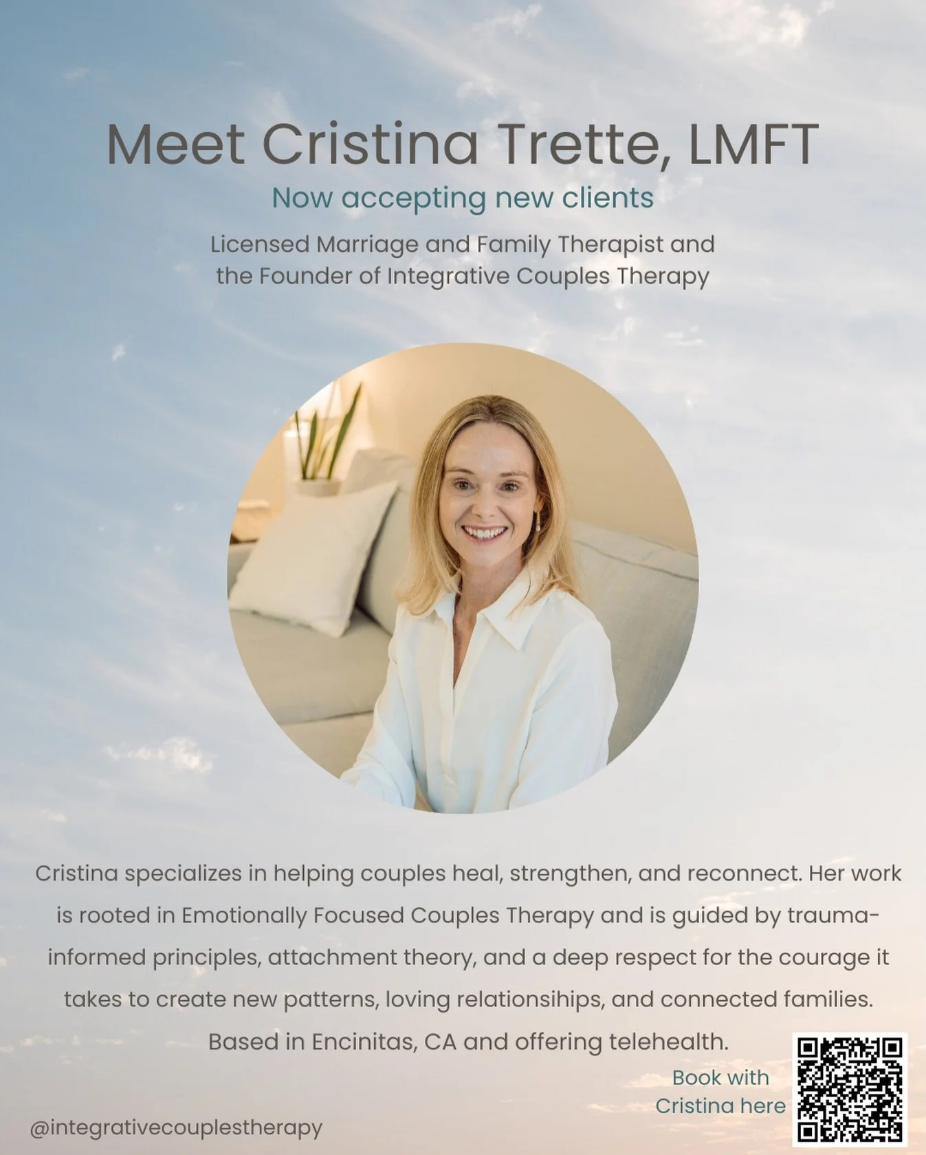 Meet Cristina Trette, LMFT!

Cristina Trette is a Licensed Marriage and Family Therapist and the Founder of Integrative Couples Therapy. She supports couples and individuals as they heal, strengthen, and reconnect, especially when relationships feel 