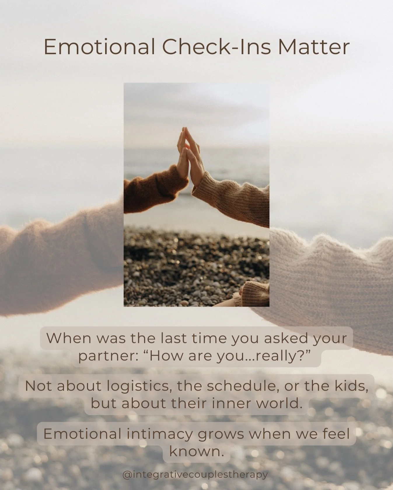 How long has it been since you and your partner had a meaningful emotional check-in? In long-term relationships, it&rsquo;s easy to focus on the day-to-day logistics. A simple, intentional check-in can shift the tone of your entire week. 

Try Asking