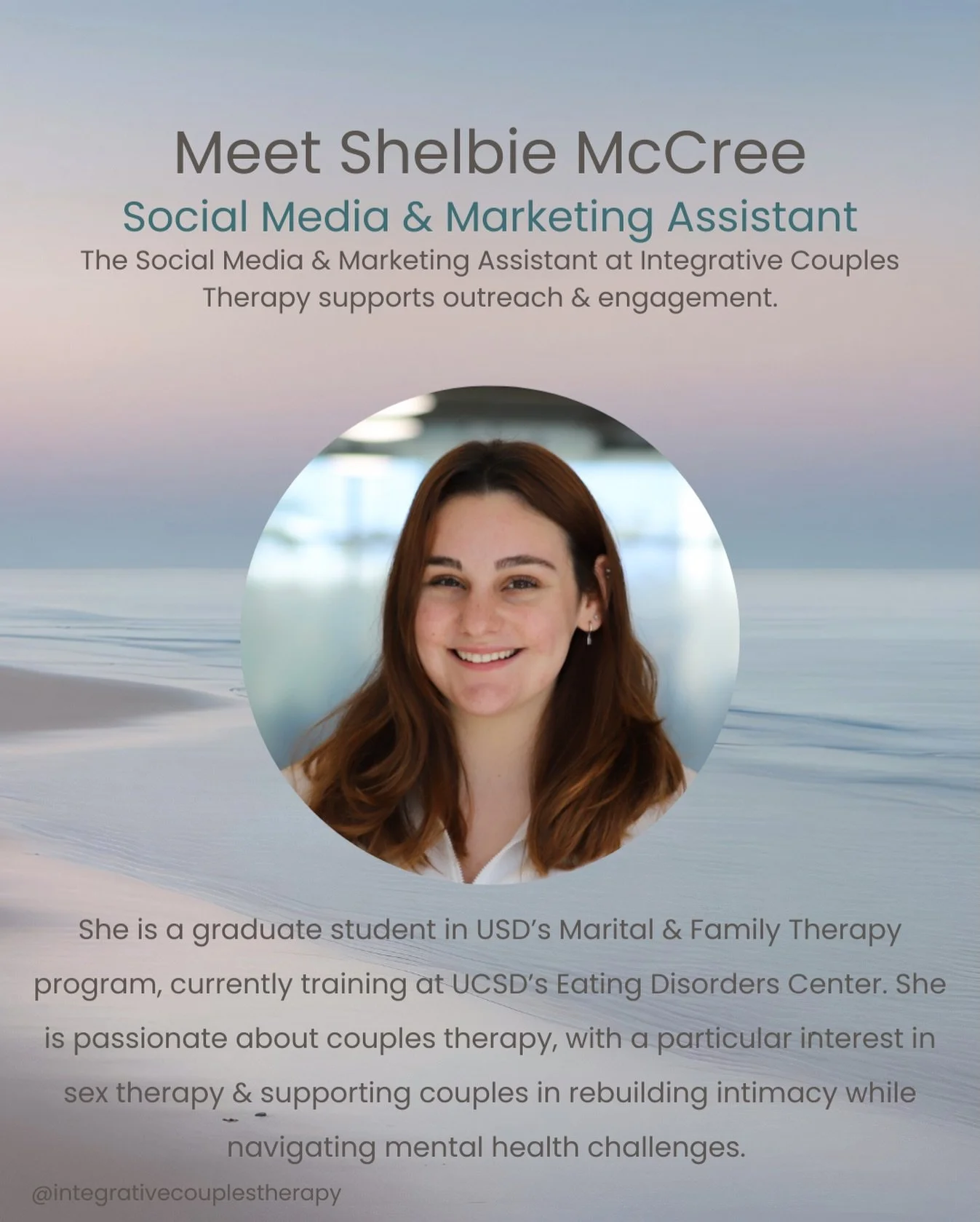 Meet Shelbie McCree!

Shelbie McCree is currently earning her Master&rsquo;s in Marriage &amp; Family Therapy at USD &amp; completing her practicum training at UCSD&rsquo;s Eating Disorder&rsquo;s Center, where she&rsquo;s had the privilege of workin
