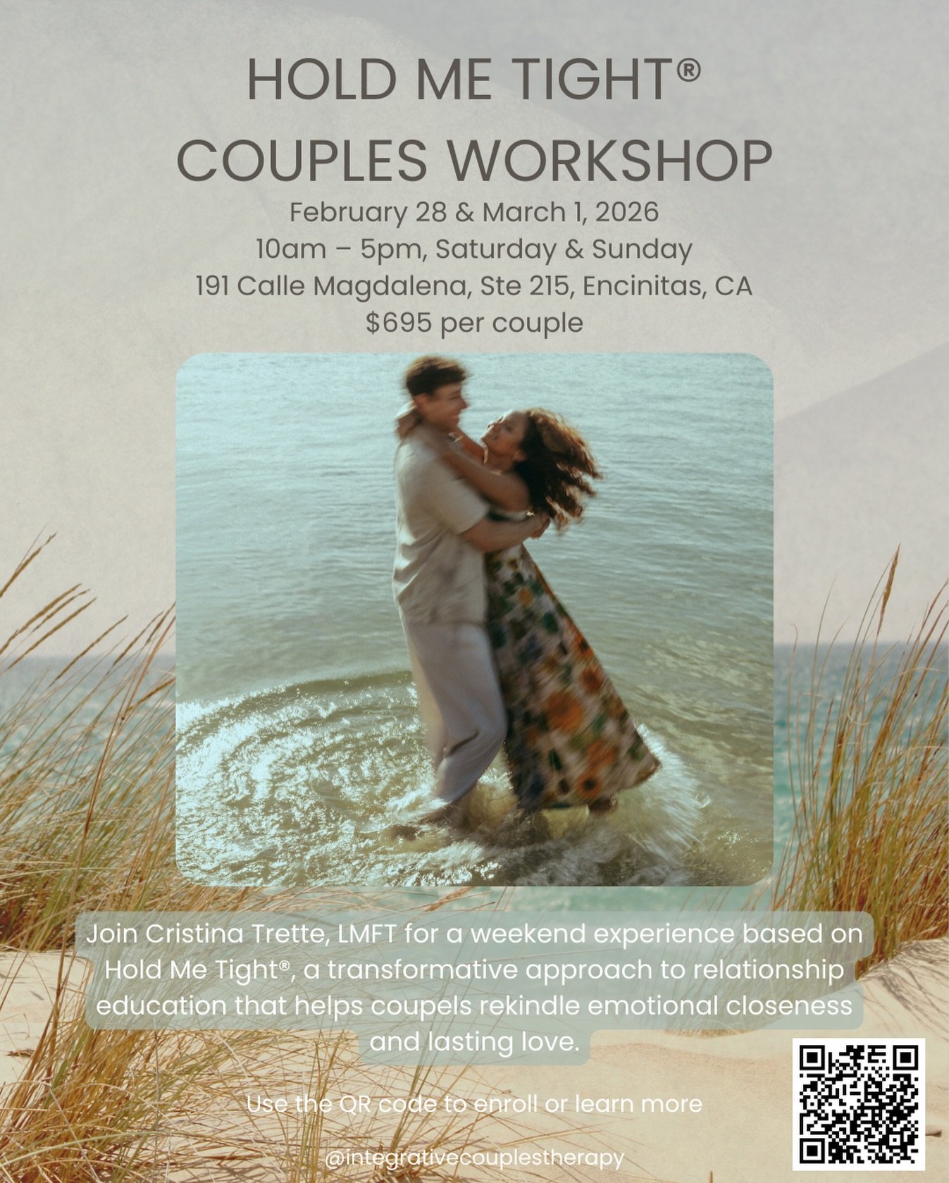 We are one week out from our Hold Me Tight&reg; Couples Workshop! Join us for a weekend experience based on Hold Me Tight&reg;, a transformative approach to relationship education that helps couples rekindle emotional closeness &amp; lasting love. If