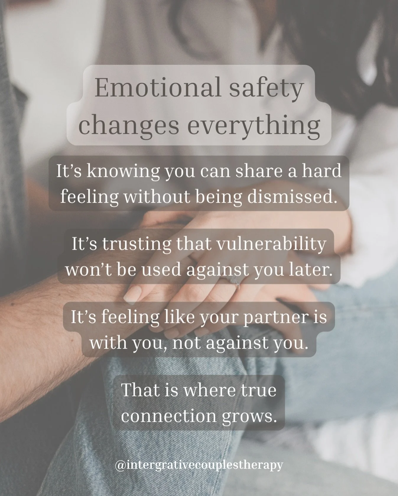 Most relationship struggles aren&rsquo;t about the surface issue. They&rsquo;re about whether it feels safe to be honest. When emotional safety is present, couples soften. They reach for each other instead of bracing for impact. 

What kinds of thing