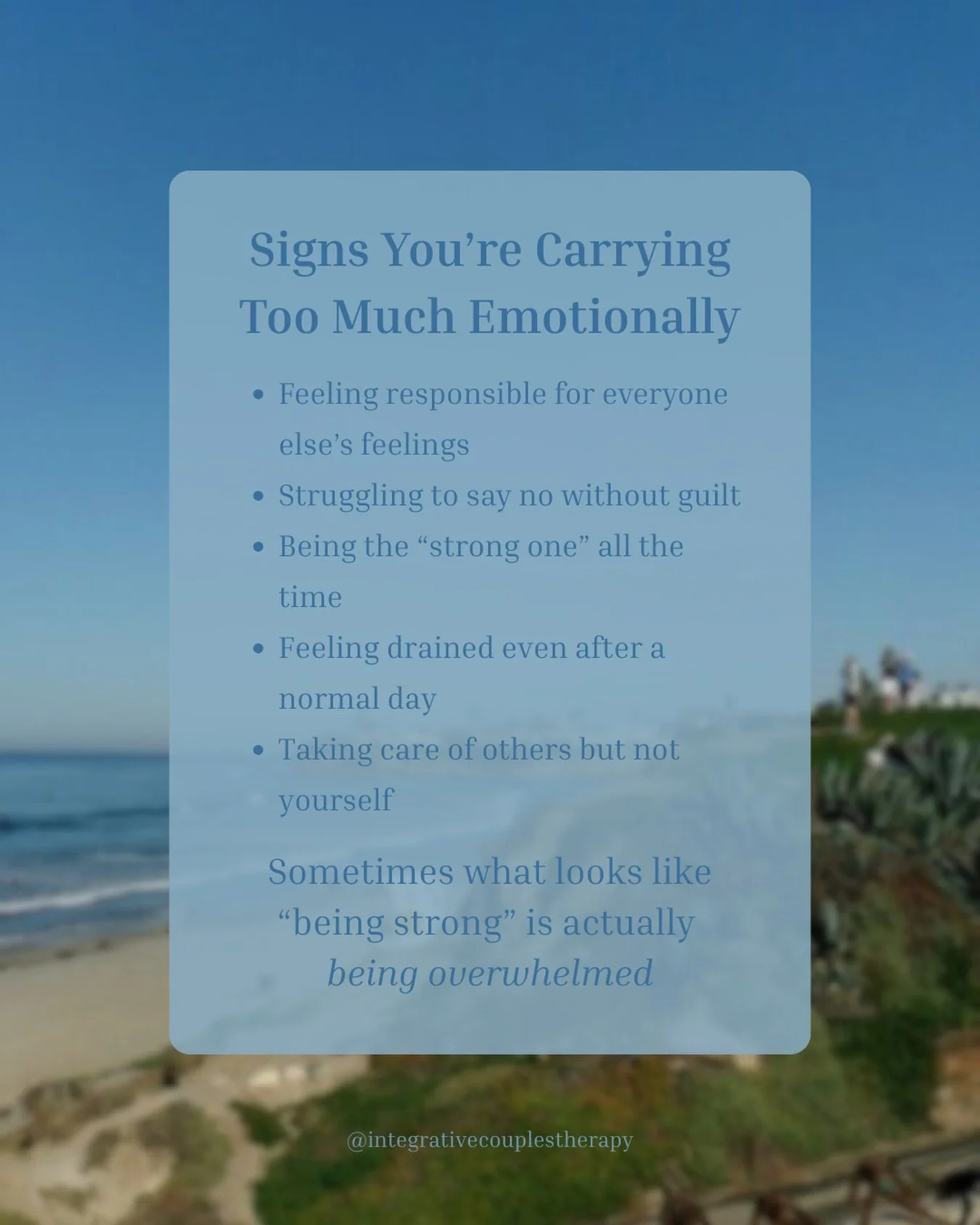 Many people who seek therapy are the ones who have always been the helper, the listener, &amp; the one others rely on. Over time, carrying everyone else&rsquo;s emotions can become exhausting. 

Therapy can be a space where you don&rsquo;t have to be