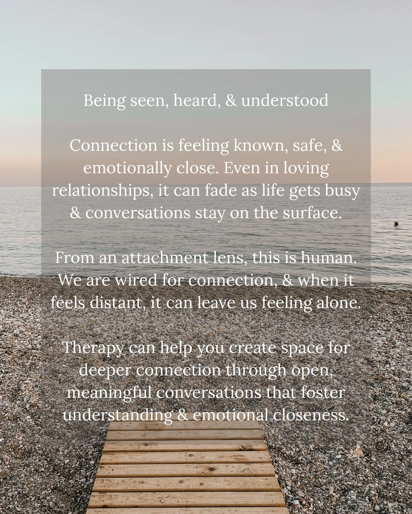 Connection is not just about being together, it is about feeling understood.

So many couples &amp; individuals come in saying something feels off, even when nothing is &ldquo;wrong.&rdquo; Often, what is missing is that deeper sense of being seen, h