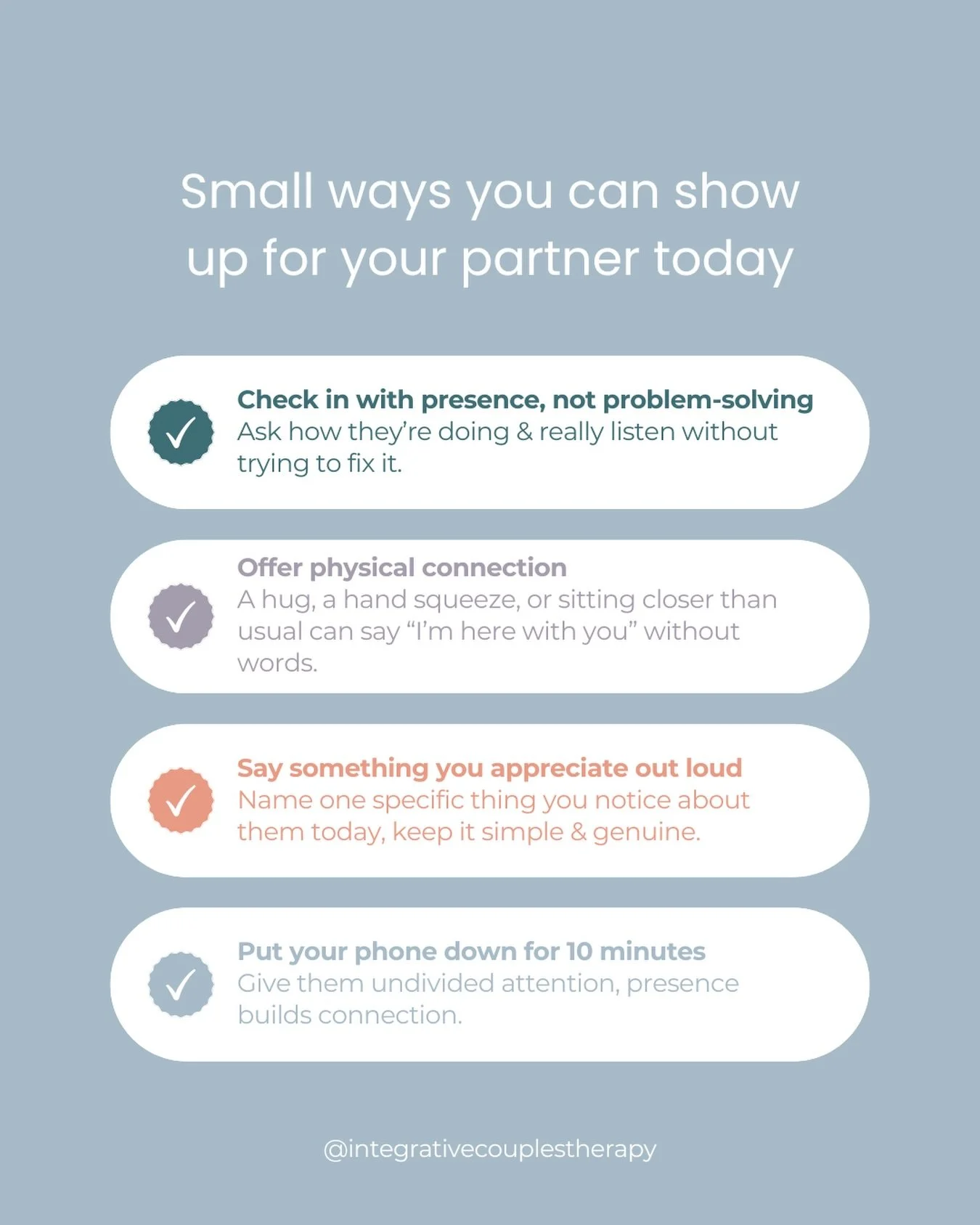 Small moments matter more than we think. Showing up for your partner does not have to be big or elaborate. Often it is the quiet consistent gestures that build the most connection. Try one of these today and notice what shifts between you.

#connecti