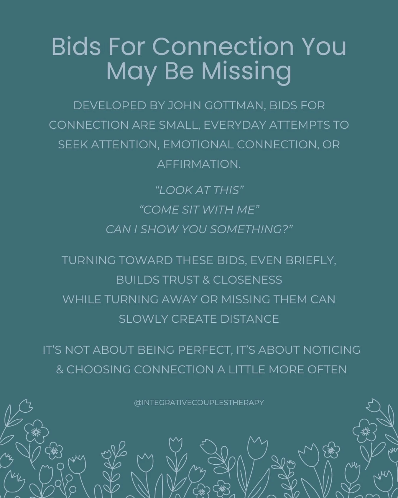The health of a relationship is often found in the smallest interactions.

Bids for connection happen every day, &amp; how we respond to them matters more than we think. Over time, these moments either strengthen the relationship or create quiet disc