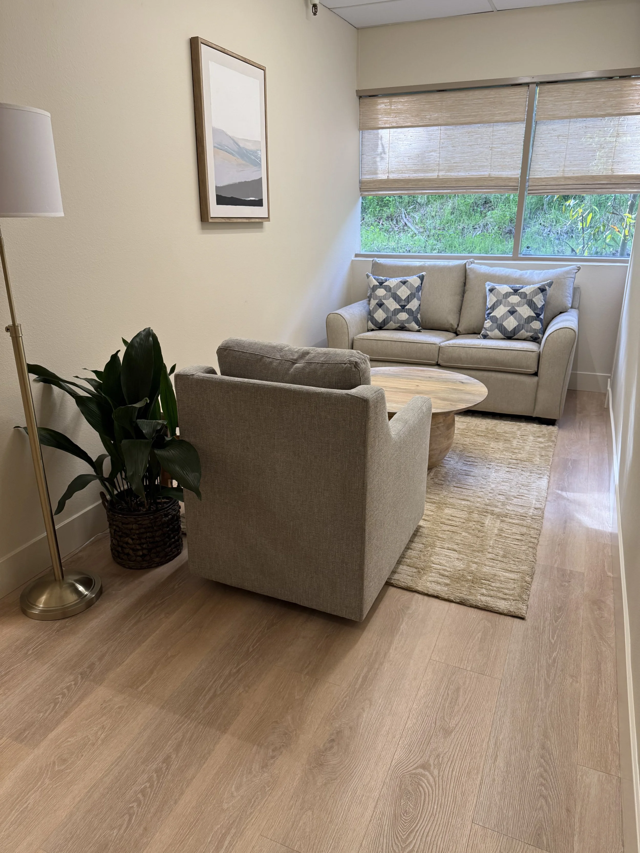 Living room with a beige armchair, a gray couch with two patterned pillows, a round wooden coffee table, a potted plant, a framed landscape art piece, and a window with beige blinds overlooking greenery.