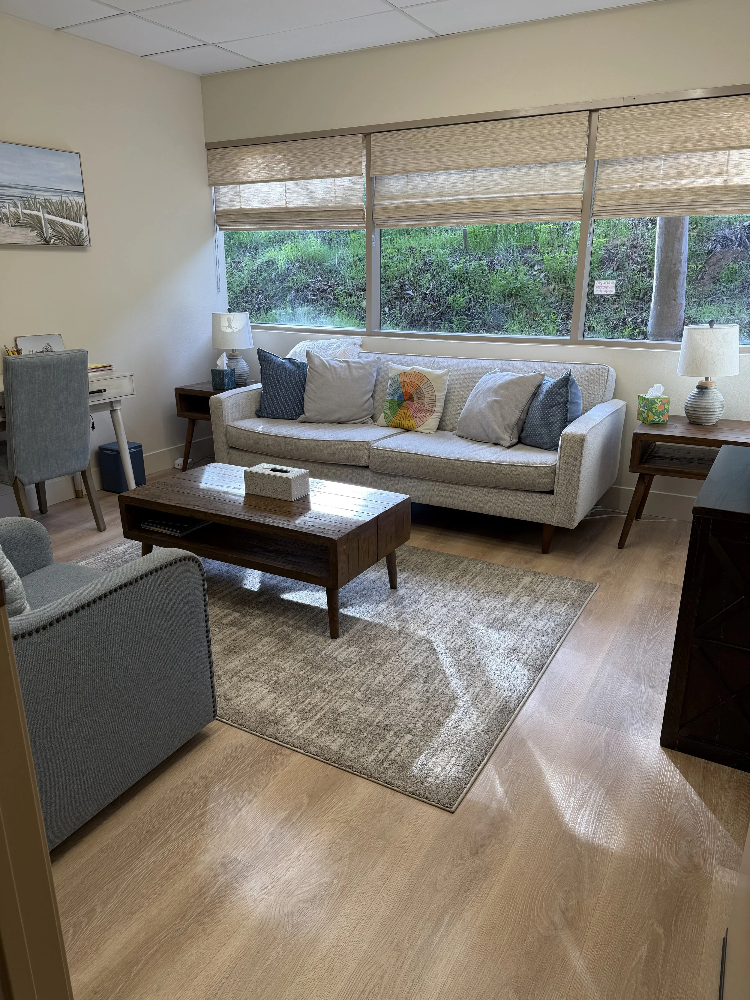 A living room with a beige sofa, blue and beige pillows, a wooden coffee table, two side tables with lamps, a gray armchair, a desk with a chair, and a window with shades showing greenery outside.