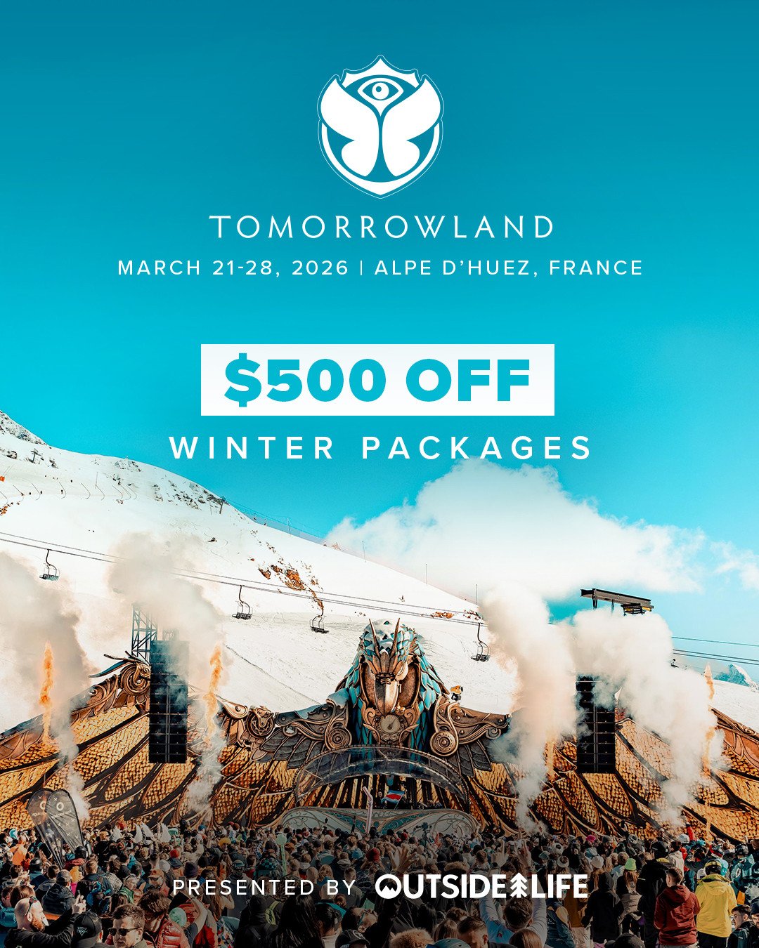 $500 OFF Tomorrowland Winter Packages! 🚨⁠
⁠
Don&rsquo;t miss the snow, beats &amp; unforgettable vibes ❄️ Limited spots left ⌛️ hit the link in bio to register today 🔗⁠
⁠
#OutsideLife #TomorrowlandWinter #WinterTrip #Packages #Trip #SkiTrip #Festiv