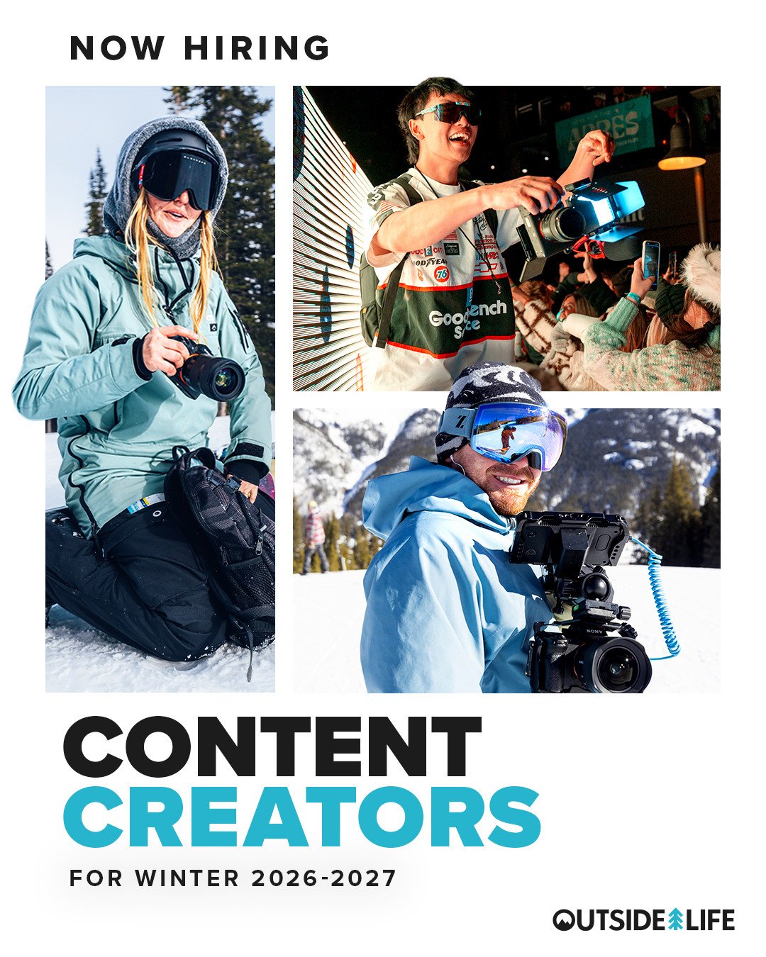 Photographers, videographers, and storytellers... Join Outside Life this winter and help us capture the stoke on and off the mountain! 📹️⁠
⁠
What we're looking for:⁠
📷 Photo/video &amp; editing skills, social media know-how⁠
🏔️ Comfortable shootin