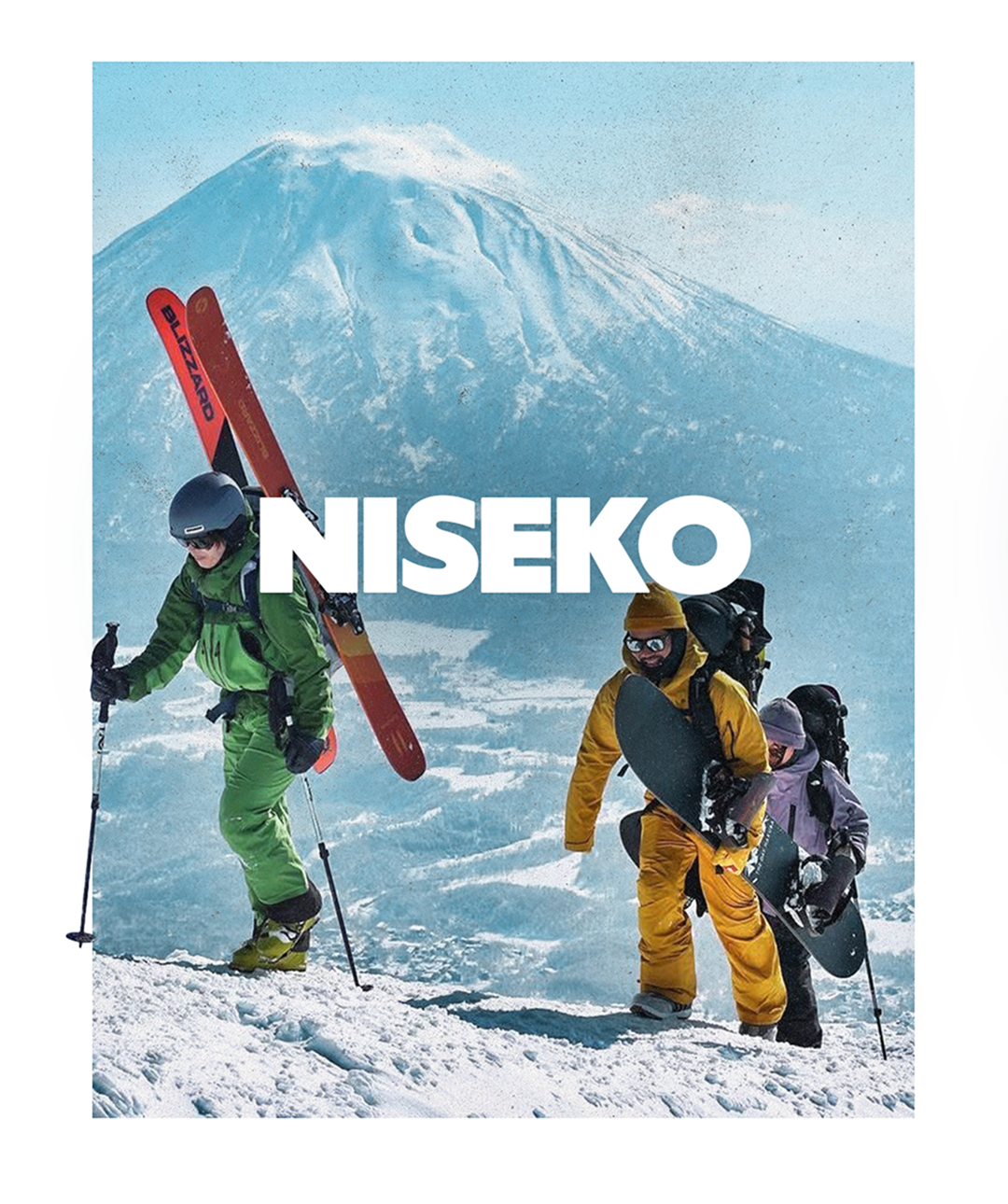 A snowy mountain landscape with climbers ascending a slope, with Mt. Fuji in the background and the text "NISEKO UNITED" overlayed on the image.