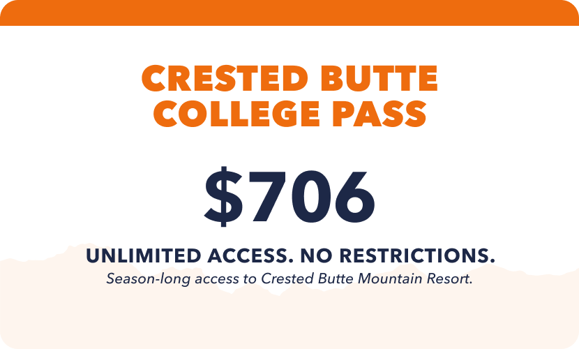 A promotional card for a Crested Butte College Pass, priced at $664, offering unlimited access with no restrictions for season-long access to Crested Butte Mountain Resort.
