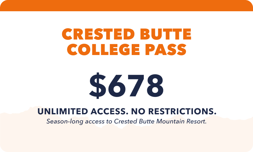 A promotional card for a Crested Butte College Pass, priced at $664, offering unlimited access with no restrictions for season-long access to Crested Butte Mountain Resort.