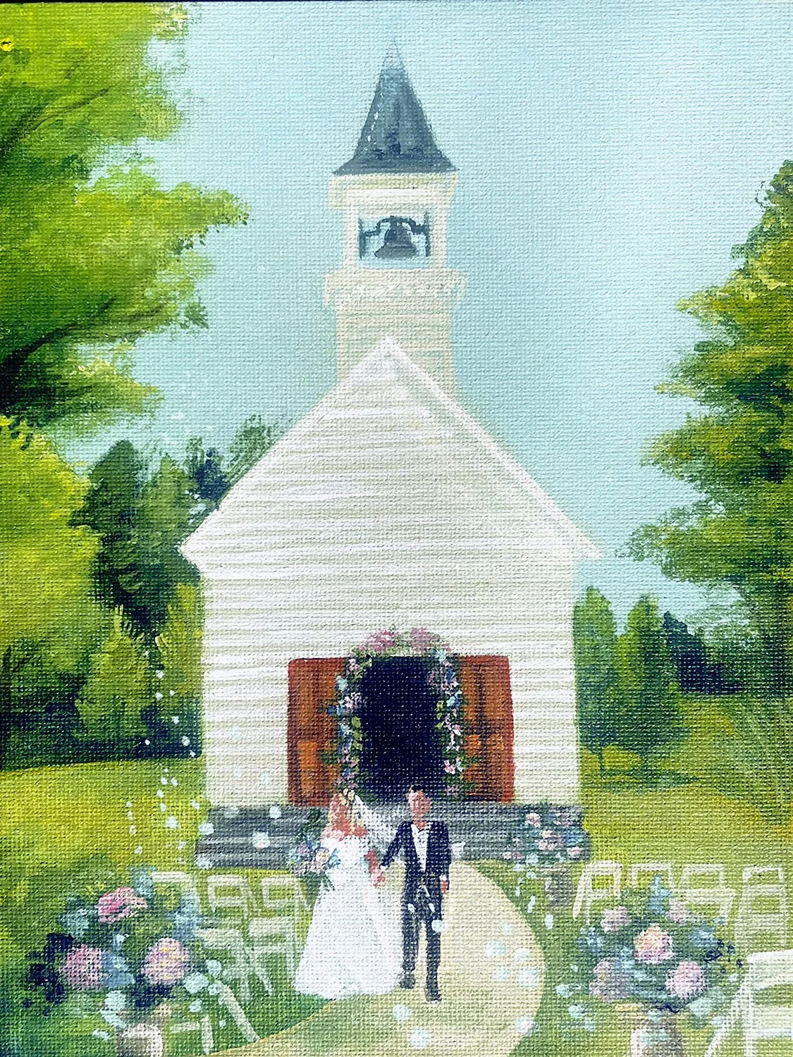 Live wedding painting of the wedding venue The Felt Estate in Holland Michigan. Northern Michigan, historical venue, chapel wedding, outdoor ceremony, luxury wedding venue, unique wedding venue.  