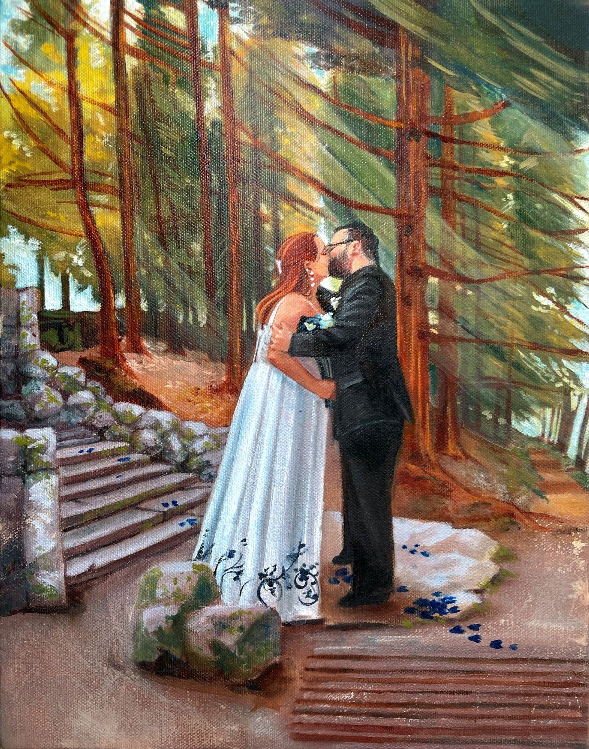 Live wedding painting by Michigan artist, Alison Slackta, of a wedding ceremony outdoors at Richfield County Park in Davison Michigan near Flint