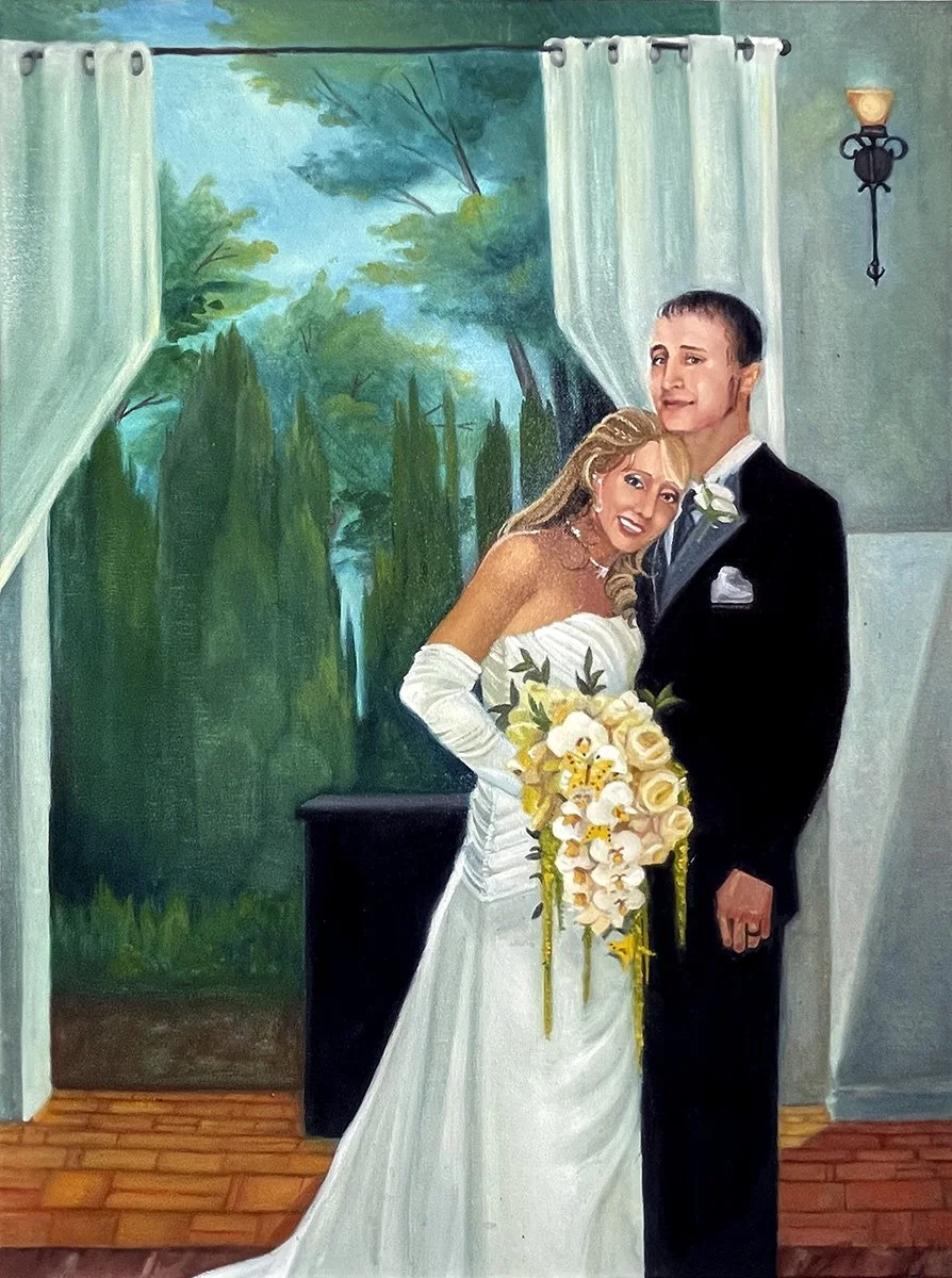 Live wedding painting of a bride and groom painted by Michigan artist, Alison Slackta. The painting is of Crystal Gardens in Howell Michigan, a Southeast Michigan wedding venue. The bride and groom are posed with an orchid wedding bouquet.