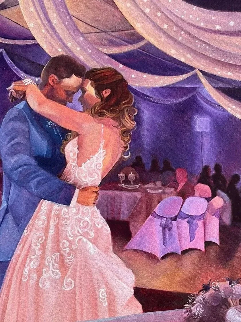 Live wedding painting by Michigan artist, Alison Slackta. The painting is of Crystal Occasions in Clio, Michigan, a Mid Michigan wedding venue. This is a classic, banquet hall, ballroom venue of a newly wed couple's first dance.