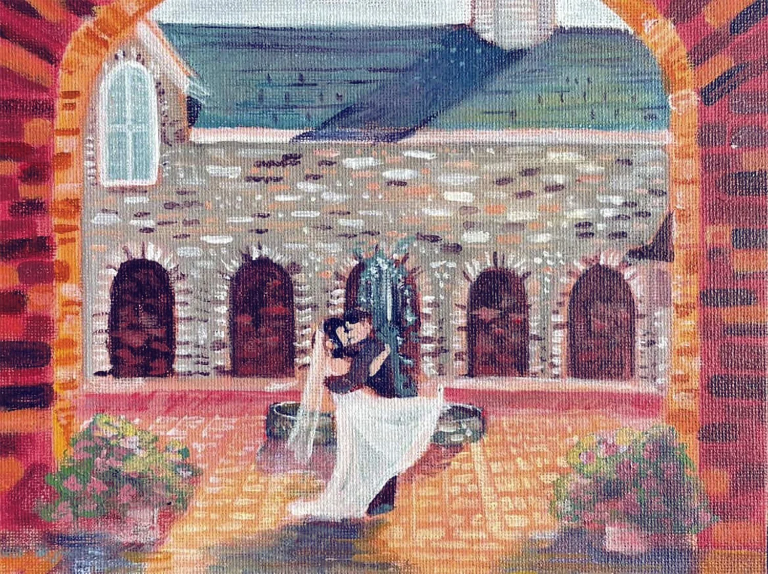 Live wedding painting of the wedding venue Castle Farms in Charlevoix Michigan. Northern Michigan, historical venue, outdoor ceremony, luxury wedding venue, unique wedding venue.  