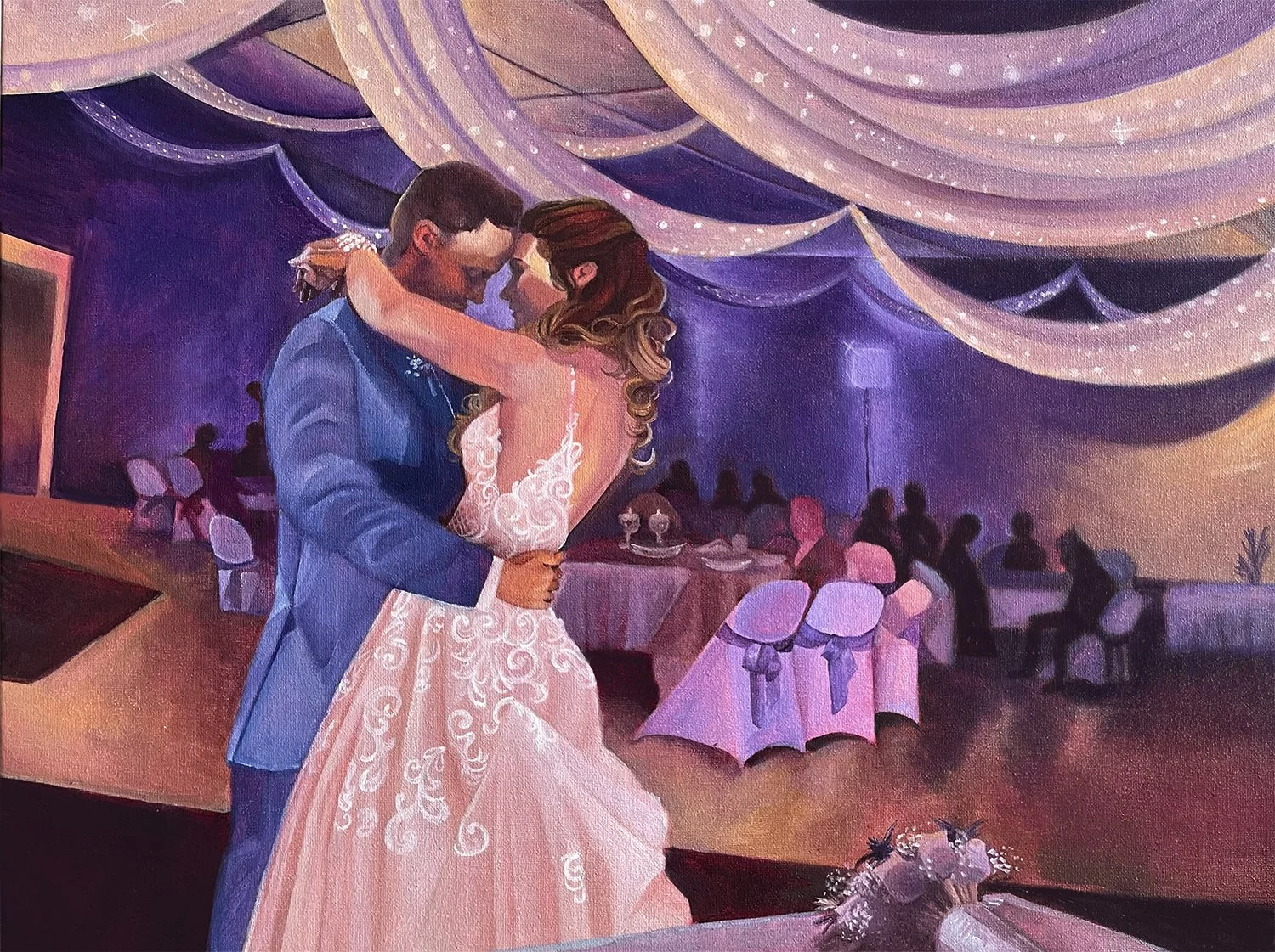 Live wedding painting by Michigan artist, Alison Slackta. The painting is of Crystal Occasions in Clio, Michigan, a Mid Michigan wedding venue. This is a classic, banquet hall, ballroom venue of a newly wed couple's first dance.