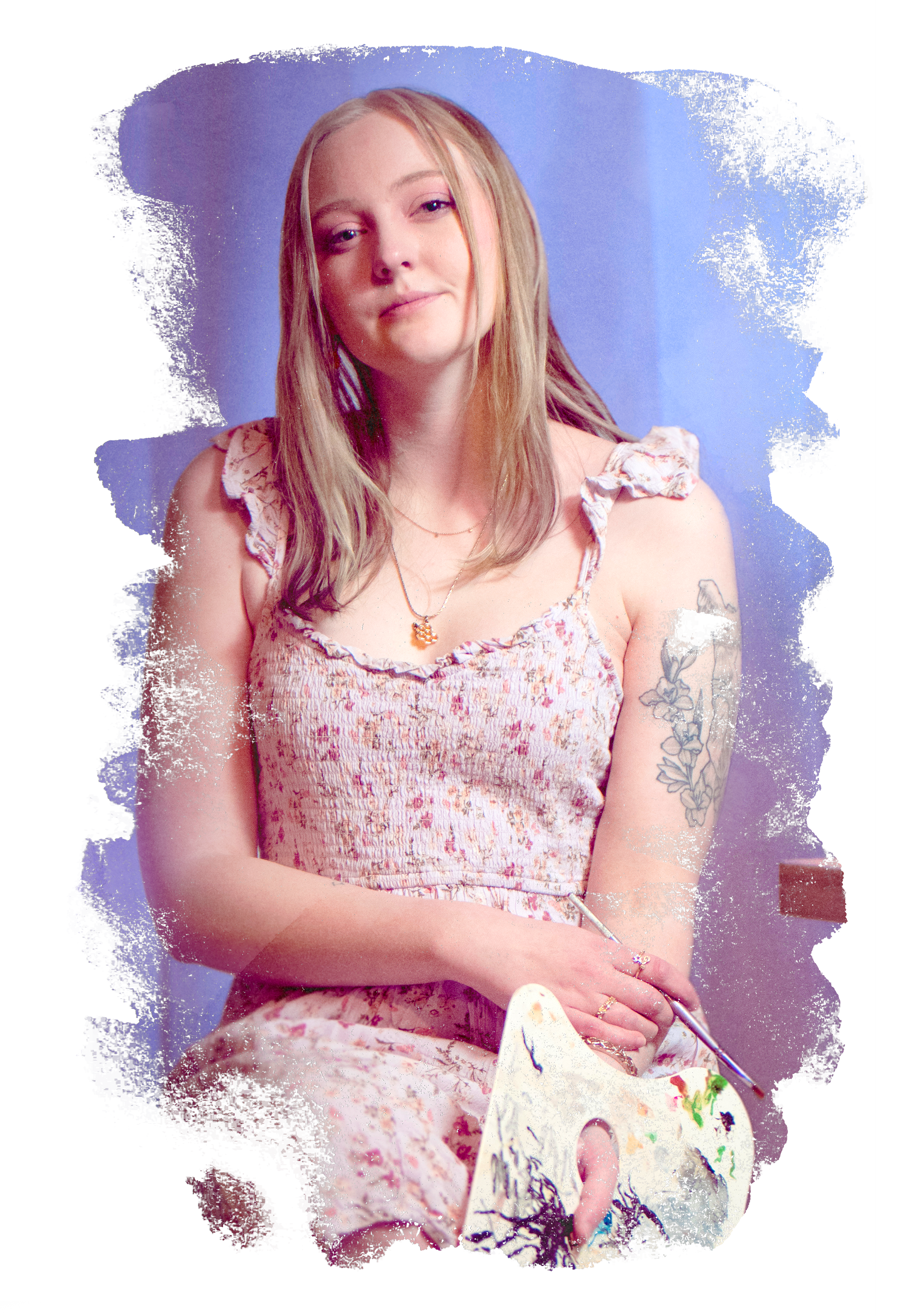 Michigan live wedding painter, Alison Slackta,  is wearing a floral dress, holding a paintbrush and palette, standing in front of a textured purple background.